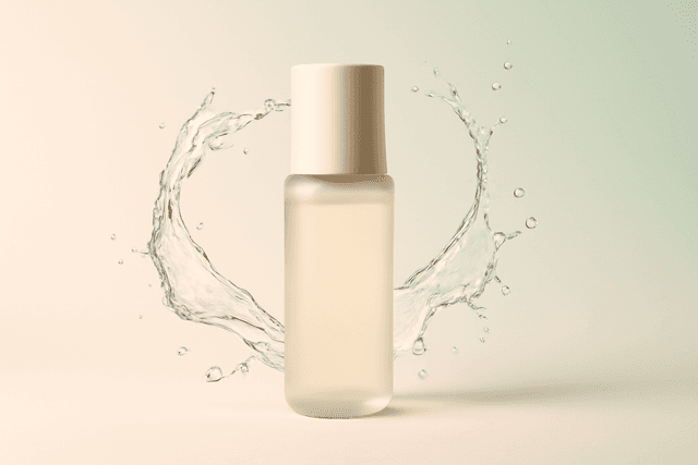 Minimalist skincare product banner, clean studio shot of a cosmetic bottle, soft natural lighting, water splash effect, pastel color palette, fresh and pure aesthetic
