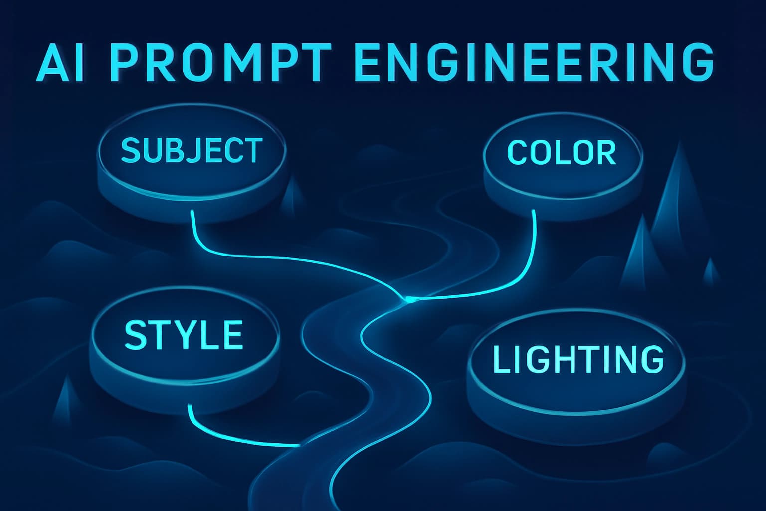 Modern infographic style illustration about AI prompt engineering, clean vector art, showing keywords like Subject, Style, Color, Lighting, as abstract nodes, dynamic connecting lines flowing and converging to form a stunning final image of a fantasy landscape, isometric perspective, on a dark UI background, tech color palette of blue and teal
