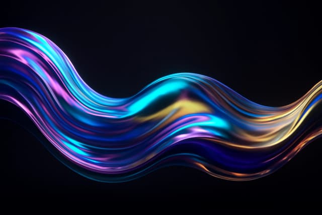 An abstract 3D wave of iridescent liquid metal, flowing smoothly across the frame, reflecting vibrant holographic colors of purple, cyan, and gold, on a clean dark background, futuristic and elegant, space for text