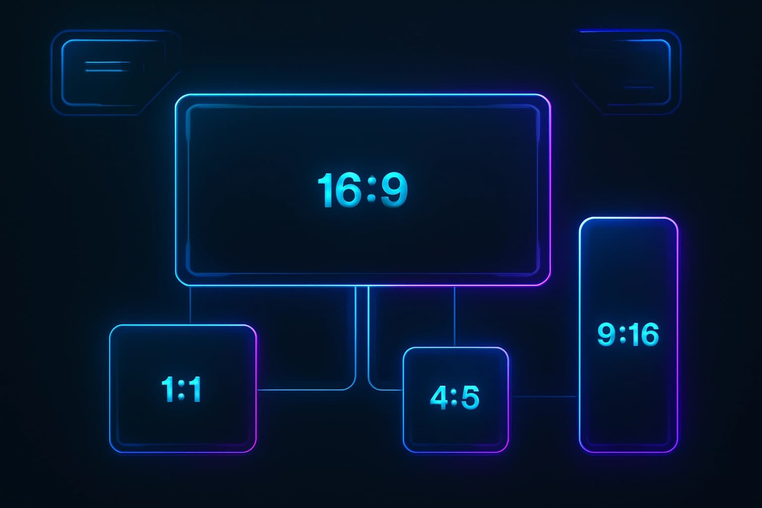 Futuristic UI screen displaying a "one-click resize" feature. In the center, a primary 16:9 banner design is highlighted. Glowing, abstract lines connect it to three smaller preview windows showing the same design instantly adapted into a 1:1 square post, a 4:5 social media ad, and a 9:16 story. The interface is clean, dark, and minimalist with holographic elements, visually explaining the concept of effortless, multi-platform adaptation.