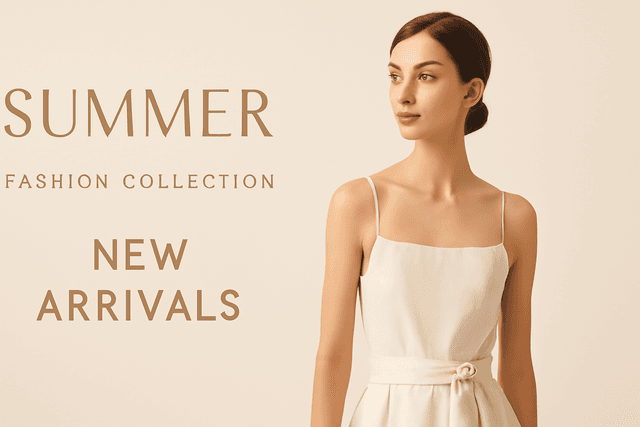 Summer fashion collection banner, elegant model wearing new arrivals, soft pastel colors, clean minimalist design, space for text, high-end commercial photography style