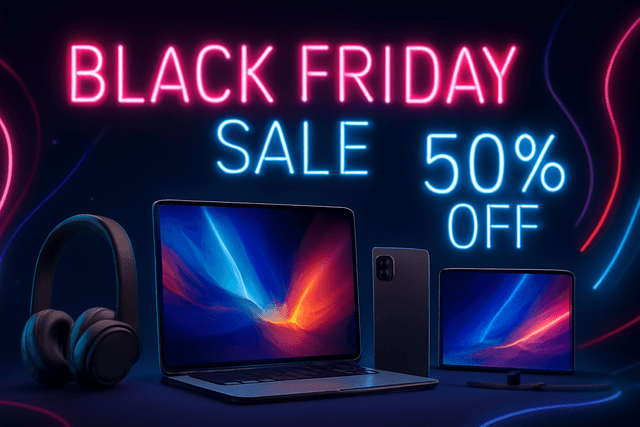 Dynamic Black Friday sale banner for electronics, glowing neon text, 50% OFF, dark background, energetic abstract shapes, product showcase area, professional ad creative